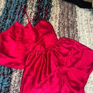 red silk pajama set